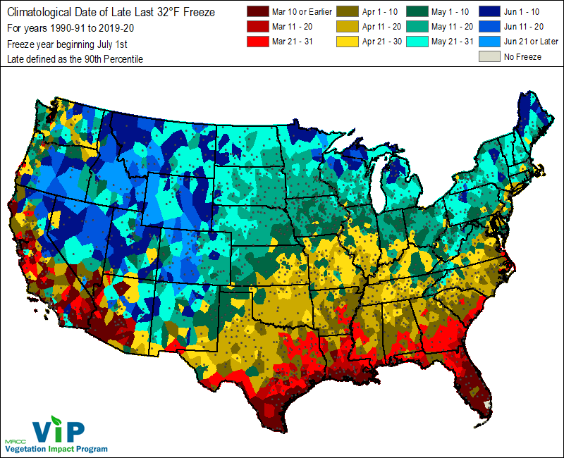 Last Freeze Map for when to plant pepper seeds